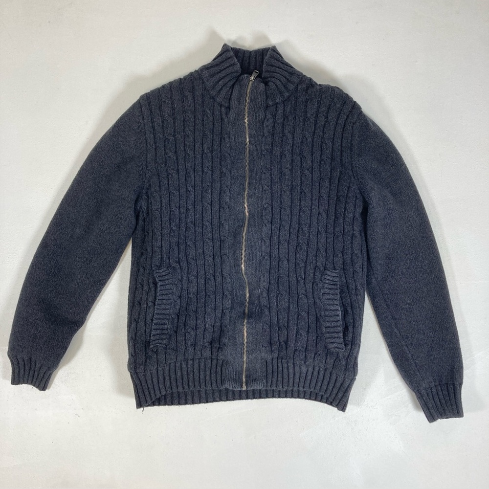 Boston Traders Sweater Jacket Mens M Full Zip Cable Knit Sherpa Lined Gray